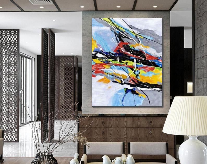 Living Room Wall Art Paintings, Blue Acrylic Abstract Painting Behind –  Silvia Home Craft