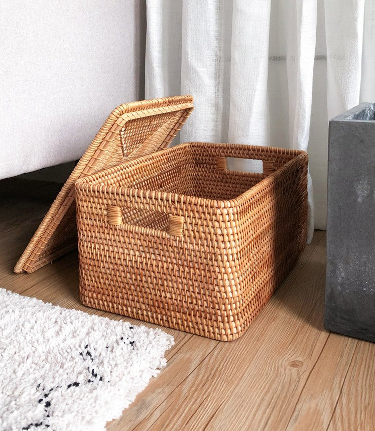 Wicker Baskets Rectangular Woven Storage Basket with Lid Home