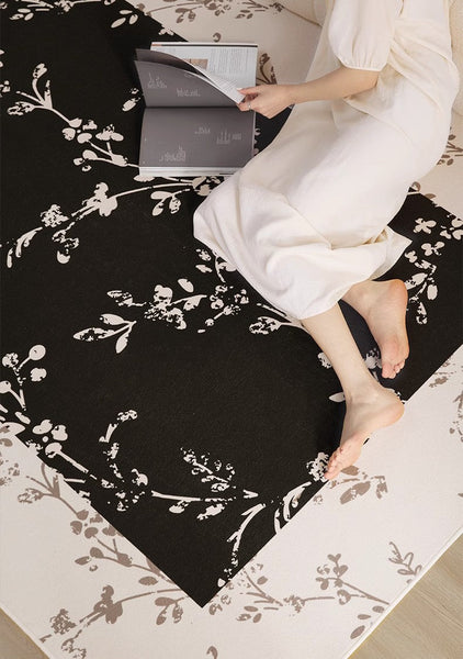 Contemporary Floor Carpets for Living Room, Large Modern Rugs for Sale, Dining Room Modern Rugs, Black Flower Pattern Geometric Modern Rugs in Bedroom-Silvia Home Craft