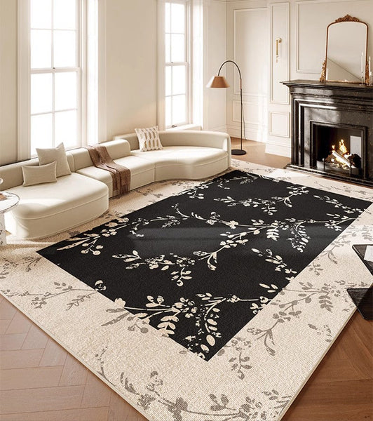 Contemporary Floor Carpets for Living Room, Large Modern Rugs for Sale, Dining Room Modern Rugs, Black Flower Pattern Geometric Modern Rugs in Bedroom-Silvia Home Craft