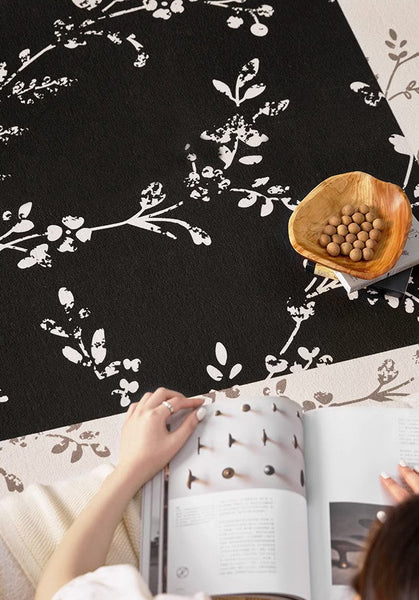 Contemporary Floor Carpets for Living Room, Large Modern Rugs for Sale, Dining Room Modern Rugs, Black Flower Pattern Geometric Modern Rugs in Bedroom-Silvia Home Craft