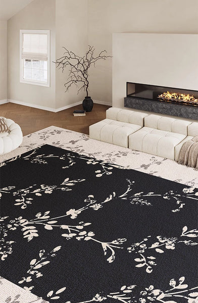 Contemporary Floor Carpets for Living Room, Large Modern Rugs for Sale, Dining Room Modern Rugs, Black Flower Pattern Geometric Modern Rugs in Bedroom-Silvia Home Craft