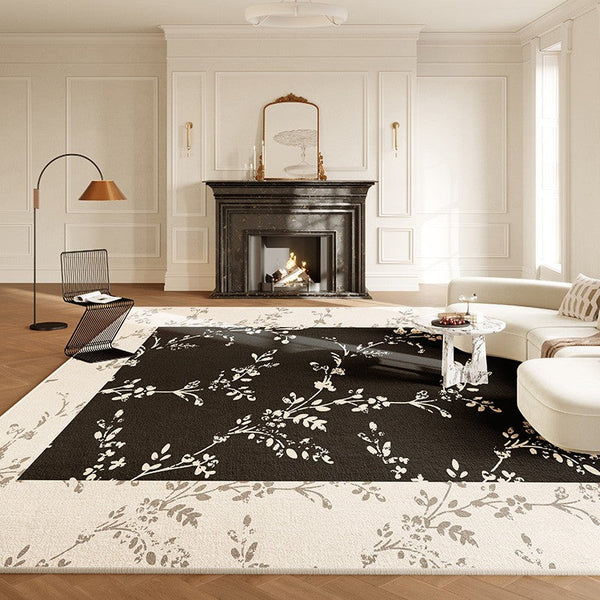 Contemporary Floor Carpets for Living Room, Large Modern Rugs for Sale, Dining Room Modern Rugs, Black Flower Pattern Geometric Modern Rugs in Bedroom-Silvia Home Craft