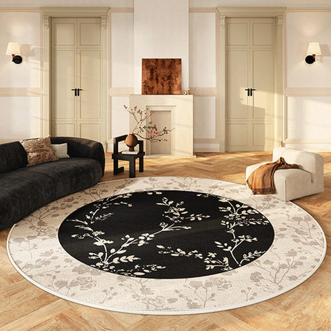 Contemporary Round Rugs for Dining Room, Flower Pattern Round Carpets under Coffee Table, Circular Modern Rugs for Living Room, Modern Area Rugs for Bedroom-Silvia Home Craft