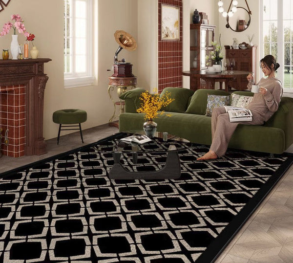 Modern Area Rugs under Sofa, Modern Black Rugs for Living Room, Abstract Contemporary Rugs for Bedroom, Dining Room Floor Rugs, Modern Carpets for Office-Silvia Home Craft