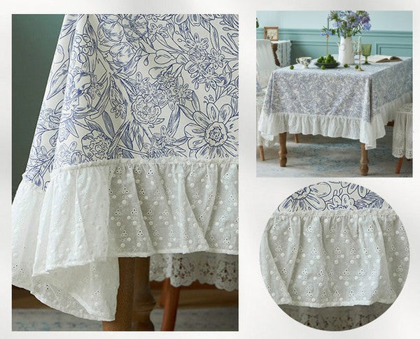 Cotton Rectangle Tablecloth for Dining Room Table, Natural Spring Farmhouse Table Cloth, Blue Flower Pattern Cotton Tablecloth, Square Tablecloth for Round Table-Silvia Home Craft