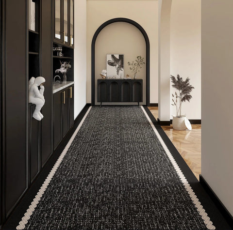 Modern Entryway Runner Rug Ideas, Geometric Black Contepmorary Runner Rugs, Easy Care Long Hallway Runners, Extra Long Narrow Runner Rugs-Silvia Home Craft