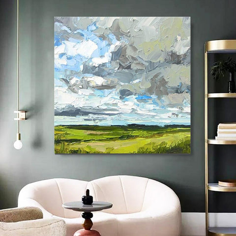 Large Acrylic Paintings for Bedroom, Heavy Texture Canvas Art, Abstract Landscape Painting, Grass Land under Sky Painting, Landscape Paintings for Living Room-Silvia Home Craft