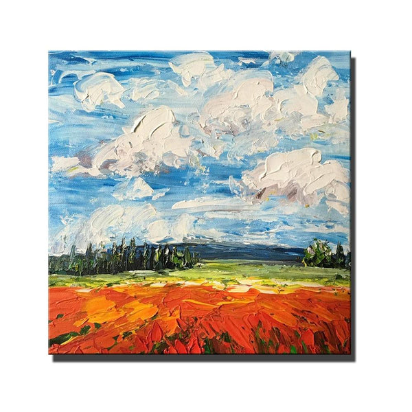 Abstract Landscape Painting, Landscape Paintings for Living Room, Red Poppy Field and Sky, Large Landscape Painting for Dining Room, Heavy Texture Painting-Silvia Home Craft