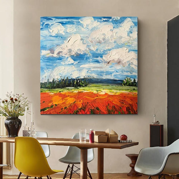 Abstract Landscape Painting, Landscape Paintings for Living Room, Red Poppy Field and Sky, Large Landscape Painting for Dining Room, Heavy Texture Painting-Silvia Home Craft