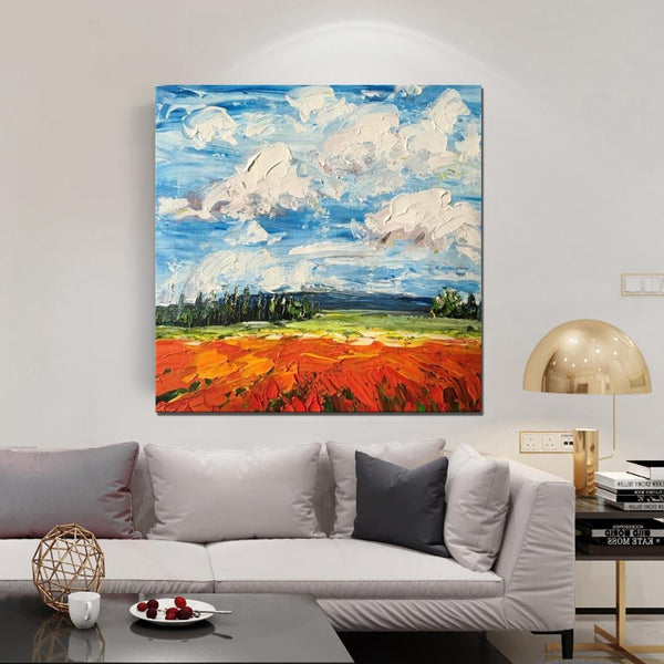 Abstract Landscape Painting, Landscape Paintings for Living Room, Red Poppy Field and Sky, Large Landscape Painting for Dining Room, Heavy Texture Painting-Silvia Home Craft