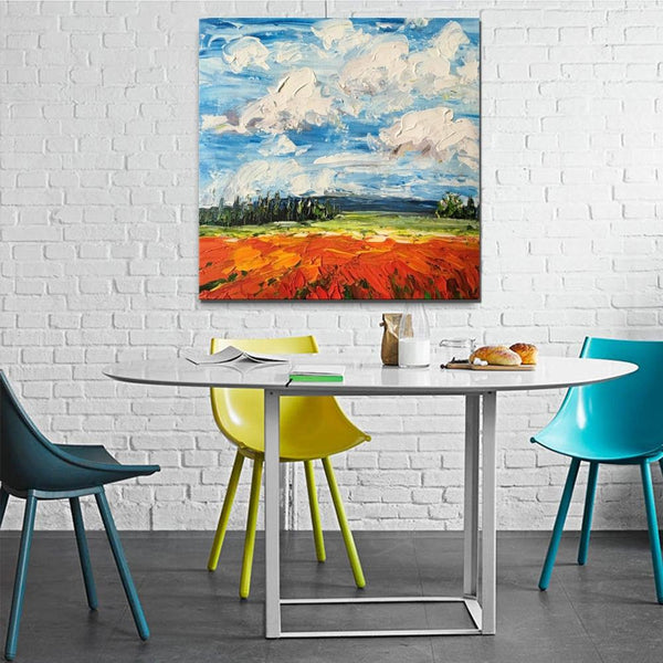 Abstract Landscape Painting, Landscape Paintings for Living Room, Red Poppy Field and Sky, Large Landscape Painting for Dining Room, Heavy Texture Painting-Silvia Home Craft