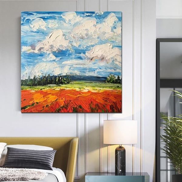 Abstract Landscape Painting, Landscape Paintings for Living Room, Red Poppy Field and Sky, Large Landscape Painting for Dining Room, Heavy Texture Painting-Silvia Home Craft