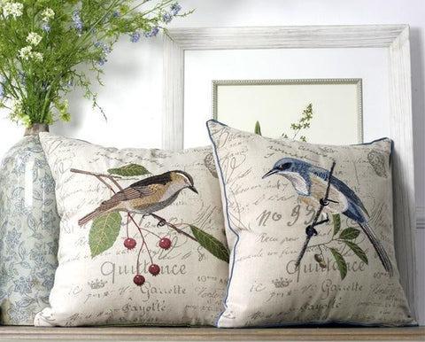 Rustic Sofa Throw Pillows, Decorative Throw Pillows for Couch, Bird Embroidery Pillows, Cotton and Linen Pillow Cover-Silvia Home Craft