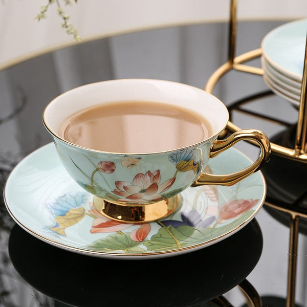 Unique British Tea Cup and Saucer in Gift Box, Lotus Flower Bone China Porcelain Tea Cup Set, Elegant British Ceramic Coffee Cups-Silvia Home Craft