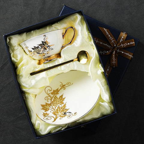 Golden Leaves and Grapes Bone China Porcelain Tea Cup Set, Unique British Tea Cup and Saucer in Gift Box, Elegant British Ceramic Coffee Cups-Silvia Home Craft