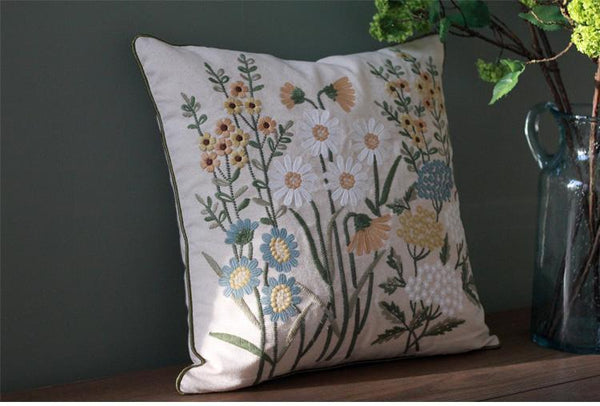 Flower Decorative Throw Pillows, Decorative Pillows for Sofa, Embroider Flower Cotton and linen Pillow Cover, Farmhouse Decorative Pillows-Silvia Home Craft