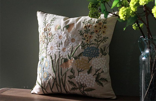 Flower Decorative Throw Pillows, Decorative Pillows for Sofa, Embroider Flower Cotton and linen Pillow Cover, Farmhouse Decorative Pillows-Silvia Home Craft