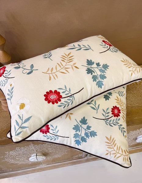 Decorative Throw Pillows for Couch, Embroider Flower Cotton Pillow Covers, Spring Flower Decorative Throw Pillows, Farmhouse Sofa Decorative Pillows-Silvia Home Craft