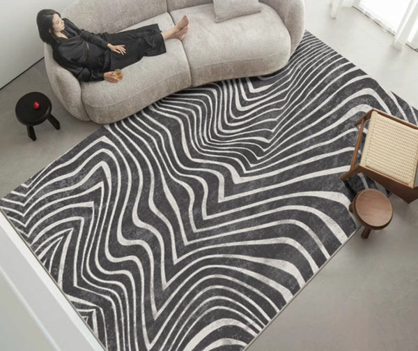 Mid Century Area Rugs for Living Room, Black Stripe Area Rugs under Sofa, Abstract Contemporary Rugs for Bedroom, Modern Carpets for Office, Dining Room Floor Rugs-Silvia Home Craft