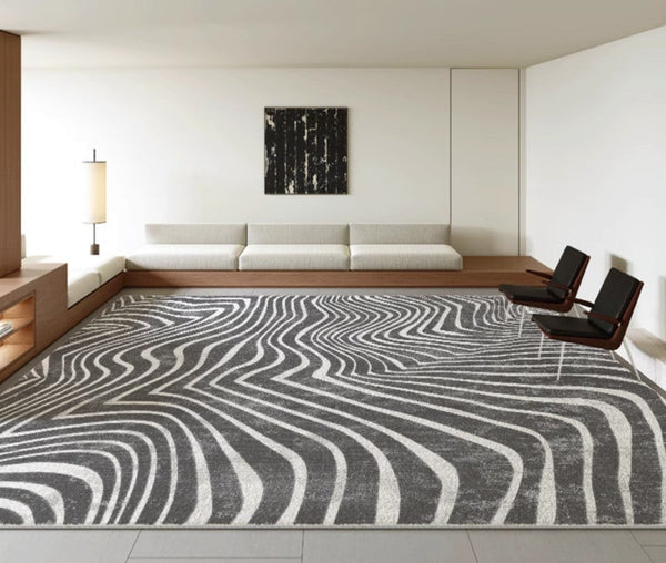 Mid Century Area Rugs for Living Room, Black Stripe Area Rugs under Sofa, Abstract Contemporary Rugs for Bedroom, Modern Carpets for Office, Dining Room Floor Rugs-Silvia Home Craft