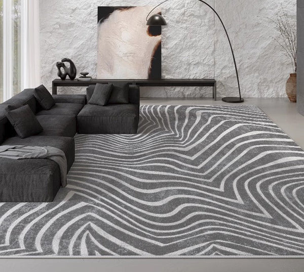 Abstract Contemporary Rugs for Bedroom, Black Stripe Area Rugs under Sofa, Mid Century Area Rugs for Living Room, Modern Carpets for Office, Dining Room Floor Rugs-Silvia Home Craft