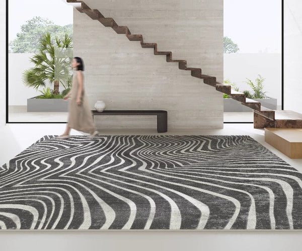 Mid Century Area Rugs for Living Room, Black Stripe Area Rugs under Sofa, Abstract Contemporary Rugs for Bedroom, Modern Carpets for Office, Dining Room Floor Rugs-Silvia Home Craft