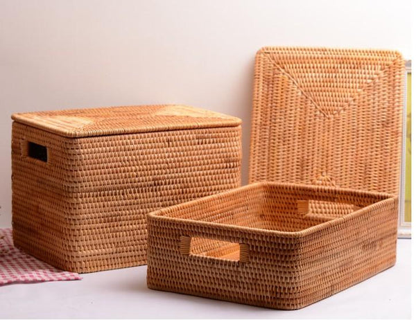 Laundry Storage Baskets for Bathroom, Rectangular Storage Baskets for Clothes, Wicker Storage Baskets for Shelves, Rattan Storage Baskets for Kitchen, Storage Basket with Lid-Silvia Home Craft