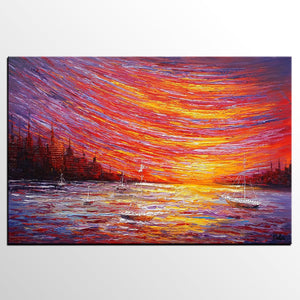 Landscape Painting, Large Art, Canvas Art, Wall Art, Custom Abstract Artwork, Canvas Painting, Modern Art, Oil Painting, Boat on the River 210-Silvia Home Craft