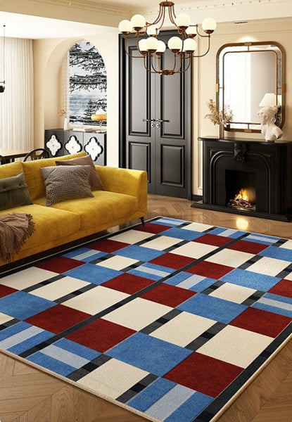 Geometric Modern Rugs for Dining Room, Mid Century Modern Living Room Rugs, Blue Contemporary Area Rugs for Bedroom, Dining Room Floor Carpets-Silvia Home Craft