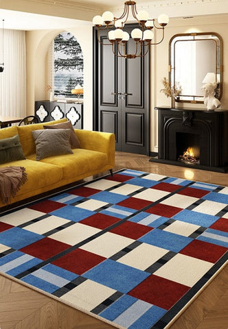 Dining Room Floor Carpets, Geometric Modern Rugs for Dining Room, Mid Century Modern Living Room Rugs, Blue Contemporary Area Rugs for Bedroom-Silvia Home Craft