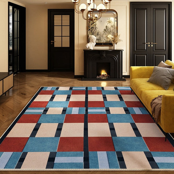 Geometric Modern Rugs for Dining Room, Mid Century Modern Living Room Rugs, Blue Contemporary Area Rugs for Bedroom, Dining Room Floor Carpets-Silvia Home Craft