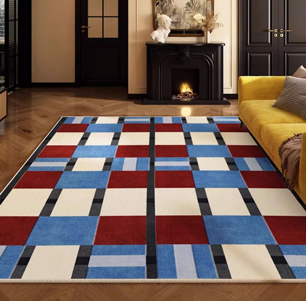 Geometric Modern Rugs for Dining Room, Mid Century Modern Living Room Rugs, Blue Contemporary Area Rugs for Bedroom, Dining Room Floor Carpets-Silvia Home Craft