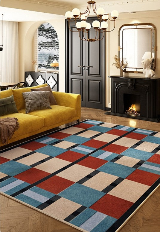 Large Geometric Floor Carpets, Blue Modern Area Rugs under Dining Room Table, Modern Living Room Area Rugs, Mid Century Modern Rugs-Silvia Home Craft