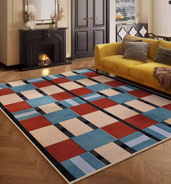 Large Geometric Floor Carpets, Blue Modern Area Rugs under Dining Room Table, Modern Living Room Area Rugs, Mid Century Modern Rugs-Silvia Home Craft