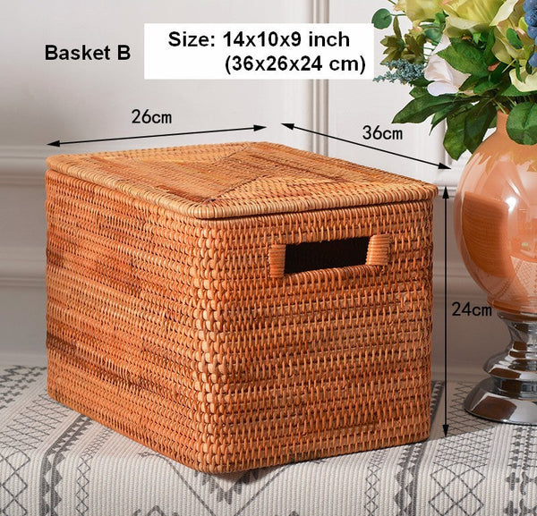 Extra Large Storage Baskets for Clothes, Oversized Rectangular Storage Basket with Lid, Wicker Rattan Storage Basket for Shelves, Storage Baskets for Bedroom-Silvia Home Craft