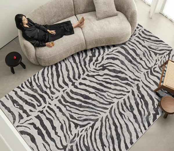 Black Stripe Area Rugs under Sofa, Mid Century Area Rugs for Living Room, Abstract Contemporary Rugs for Bedroom, Modern Carpets for Office, Dining Room Floor Rugs-Silvia Home Craft