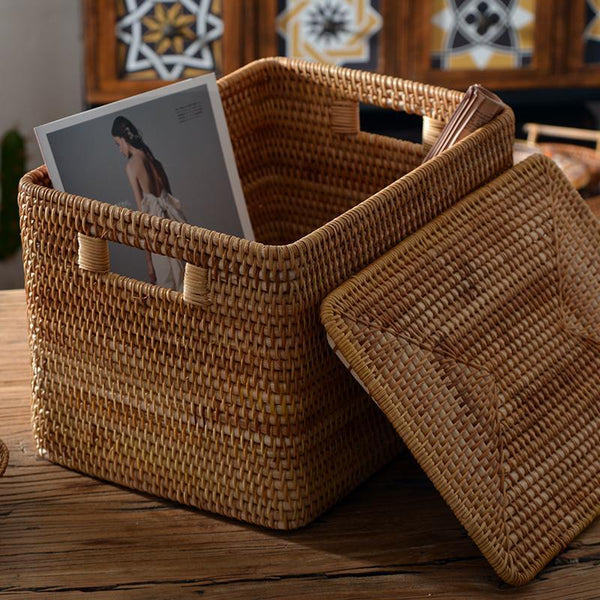 Oversized Rectangular Storage Basket with Lid, Woven Rattan Storage Basket for Shelves, Storage Baskets for Bedroom, Extra Large Storage Baskets for Clothes-Silvia Home Craft