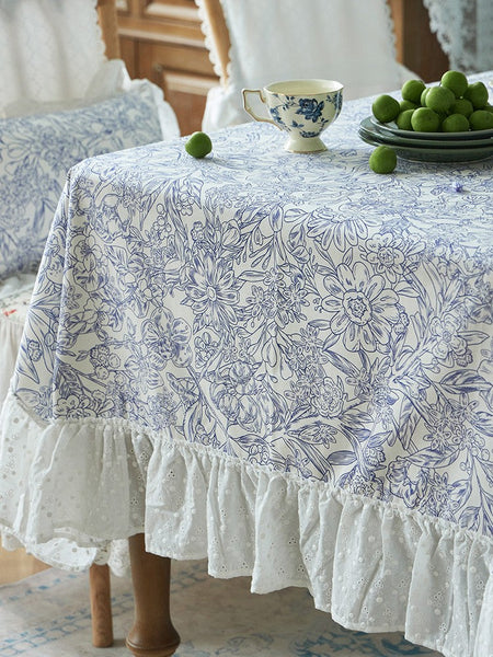 Cotton Rectangle Tablecloth for Dining Room Table, Natural Spring Farmhouse Table Cloth, Blue Flower Pattern Cotton Tablecloth, Square Tablecloth for Round Table-Silvia Home Craft