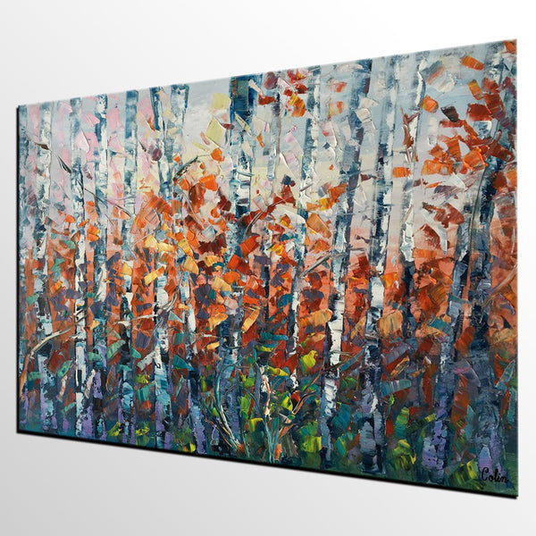 Canvas Art, Birch Tree Wall Art, Abstract Painting, Living Room Wall Art, Original Artwork, Custom Canvas Painting-Silvia Home Craft