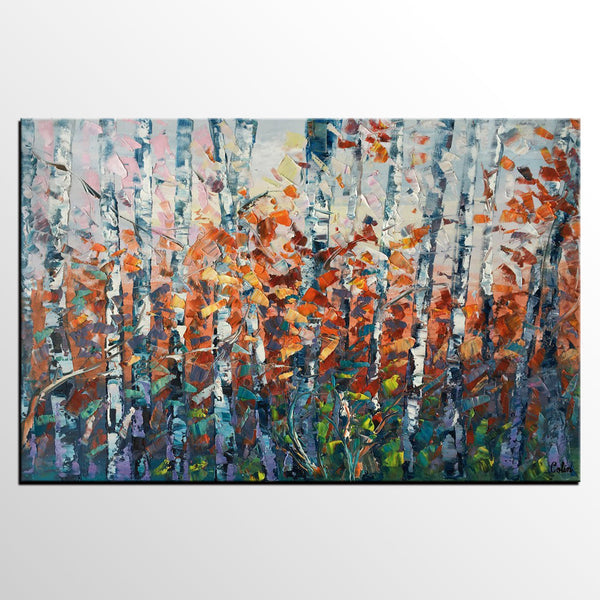 Canvas Art, Birch Tree Wall Art, Abstract Painting, Living Room Wall Art, Original Artwork, Custom Canvas Painting-Silvia Home Craft