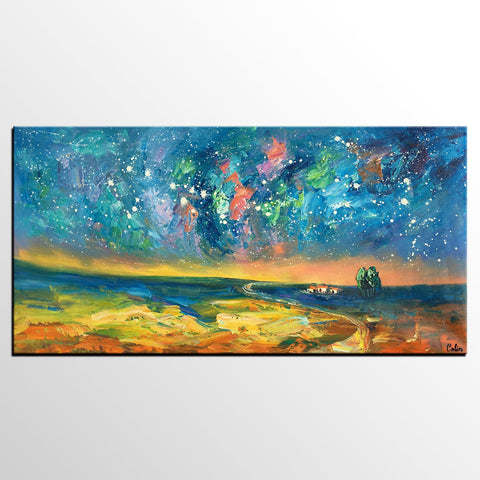 Abstract Landscape Paintings, Starry Night Sky Oil Painting, Landscape Canvas Paintings, Custom Original Oil Painting on Canvas-Silvia Home Craft