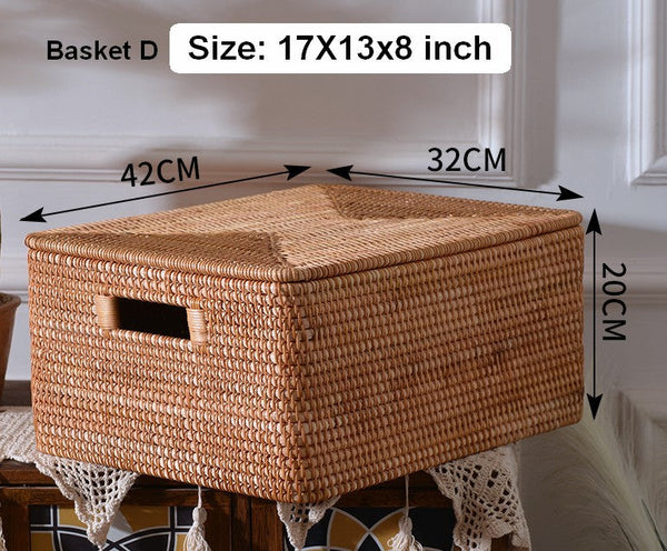 Extra Large Storage Baskets for Clothes, Oversized Rectangular Storage Basket with Lid, Wicker Rattan Storage Basket for Shelves, Storage Baskets for Bedroom-Silvia Home Craft