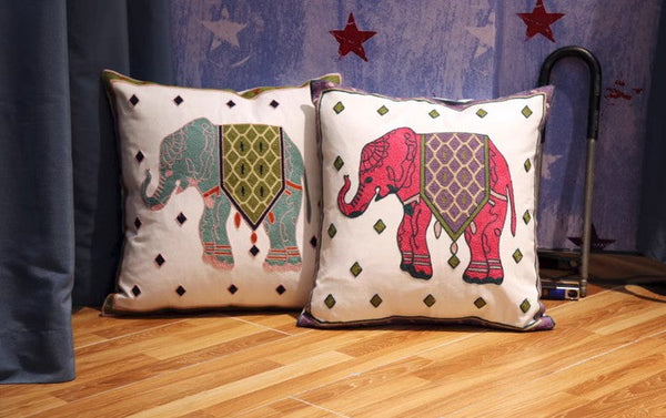 Elephant Embroider Cotton Pillow Covers, Farmhouse Decorative Sofa Pillows, Cotton Decorative Pillows, Decorative Throw Pillows for Couch-Silvia Home Craft