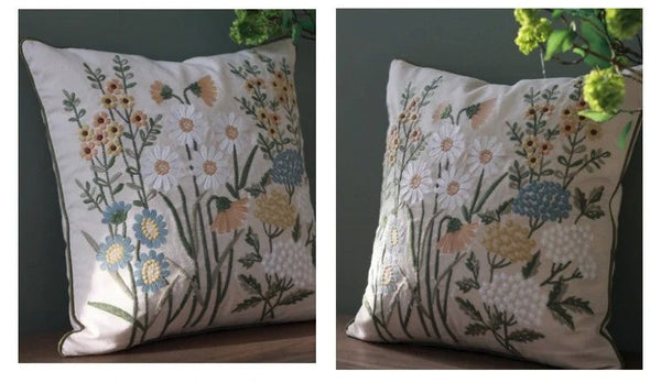 Decorative Pillows for Sofa, Flower Decorative Throw Pillows, Embroider Flower Cotton Pillow Covers, Farmhouse Decorative Throw Pillows-Silvia Home Craft