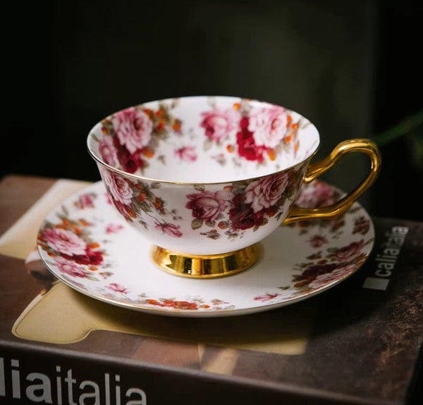 Unique Royal Coffee Cup and Saucer, Elegant Flower Ceramic Cups, Creative Bone China Porcelain Tea Cup Set, Beautiful British Tea Cups-Silvia Home Craft