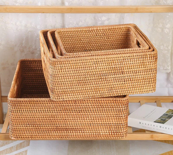 Woven Rattan Storage Baskets for Bedroom, Storage Basket for Shelves, Large Rectangular Storage Baskets for Clothes, Storage Baskets for Kitchen-Silvia Home Craft