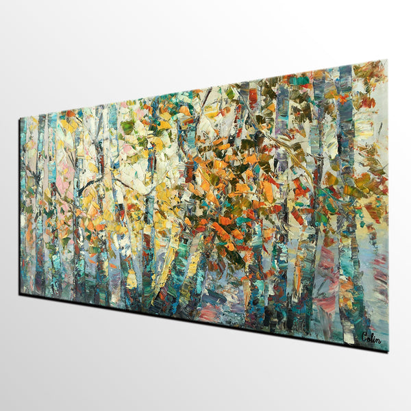 Canvas Art, Autumn Birch Tree Painting, Abstract Landscape Painting, Abstract Art Painting, Custom Canvas Painting-Silvia Home Craft