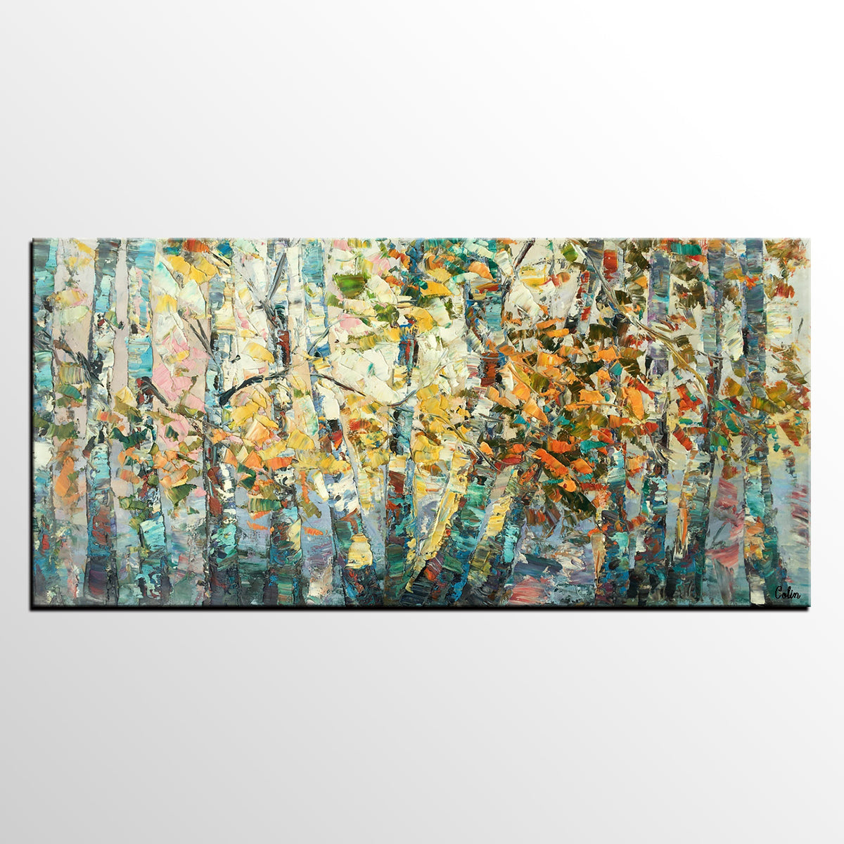 Canvas Art, Autumn Birch Tree Painting, Abstract Landscape Painting, Abstract Art Painting, Custom Canvas Painting-Silvia Home Craft