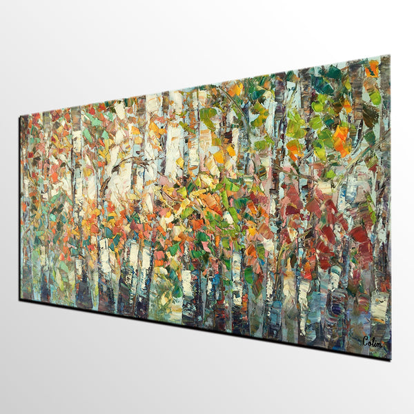 Landscape Painting, Autumn Birch Tree Painting, Custom Large Wall Art, Oil Painting, Canvas Painting-Silvia Home Craft